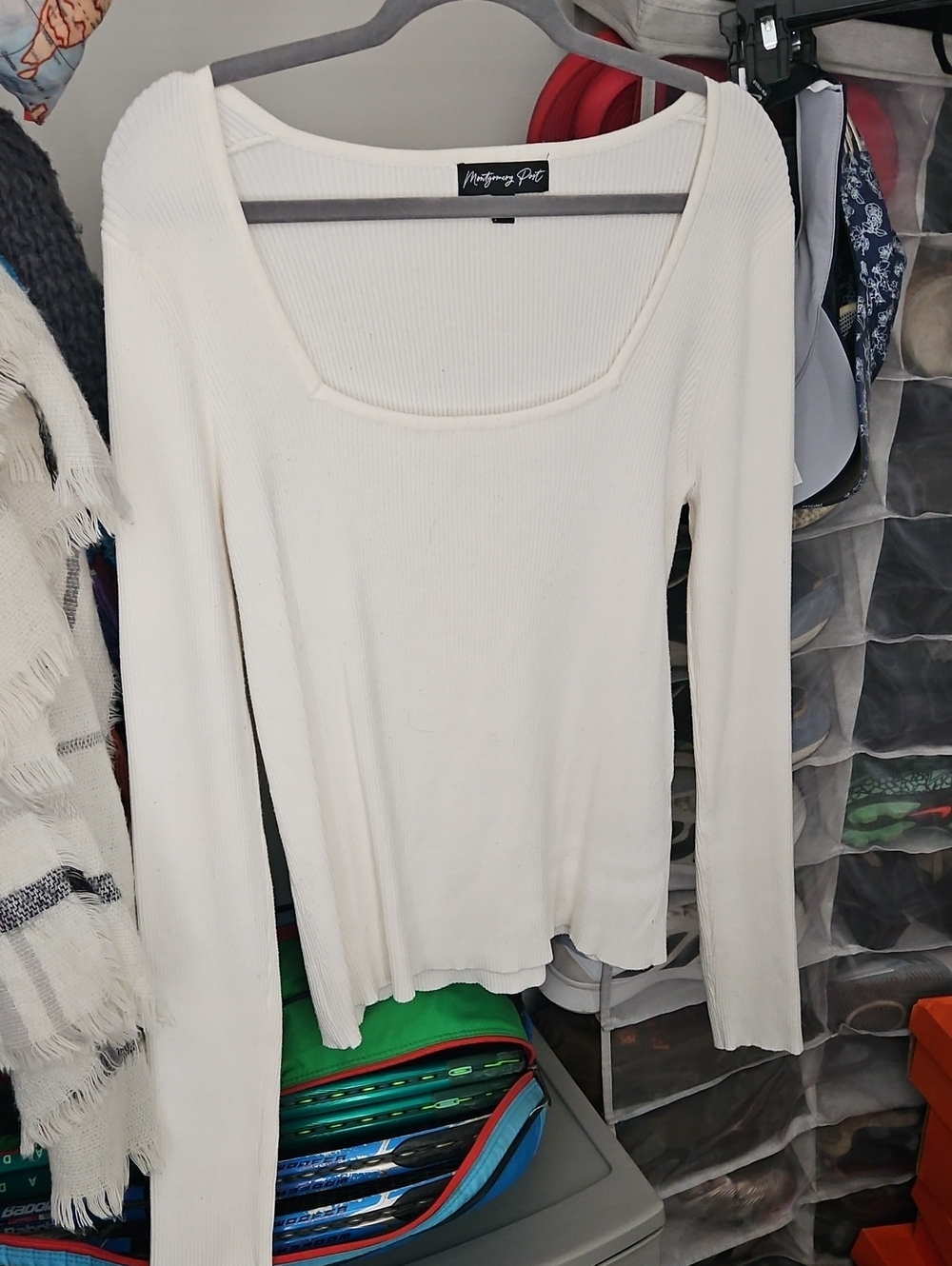 Montgomery Post Stitch Fix White Ribbed Long-Sleeve Square Neck Sweater Top